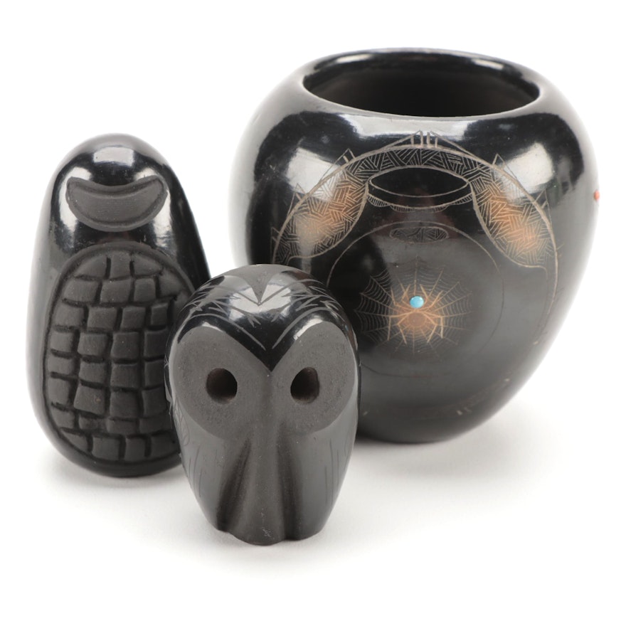 Native American Pueblo Blackware Art Pottery Vase and Figurines