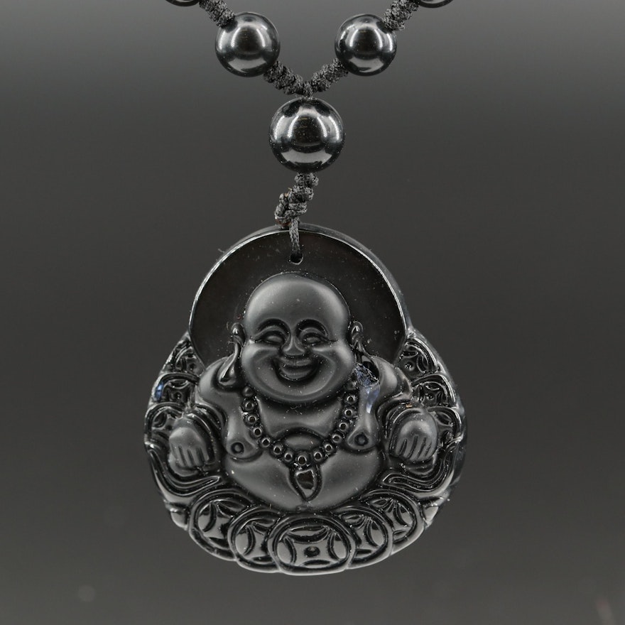 Carved Obsidian Budai Pendant Necklace