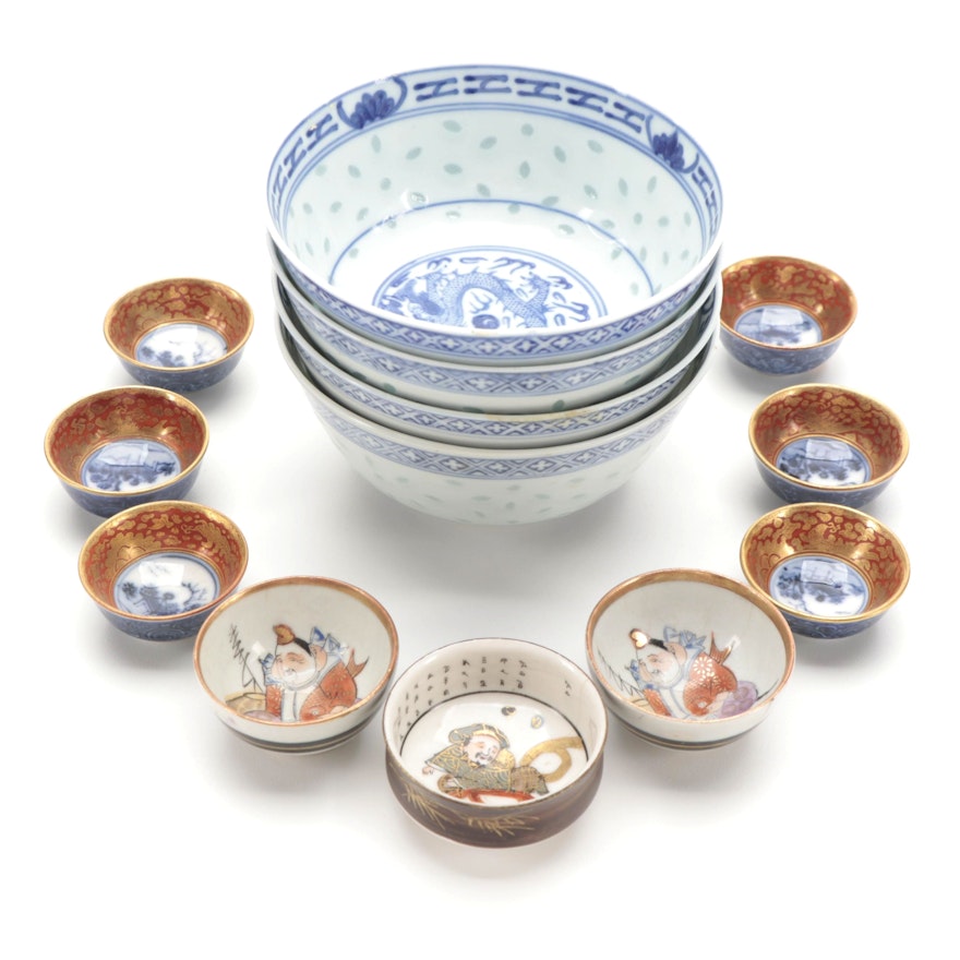 Japanese Kutani Porcelain Condiment Bowls with Chinese Porcelain Rice Bowls