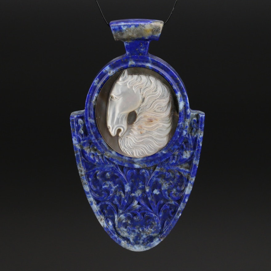 Carved Mother of Pearl  and Lapis Lazuli Equine Pendant with Scrollwork
