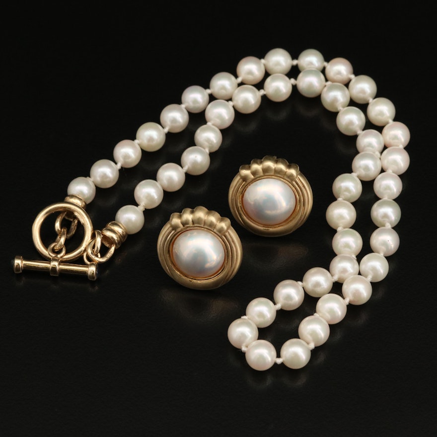 14K Pearl and Sapphire Necklace with Mabé Pearl Earrings