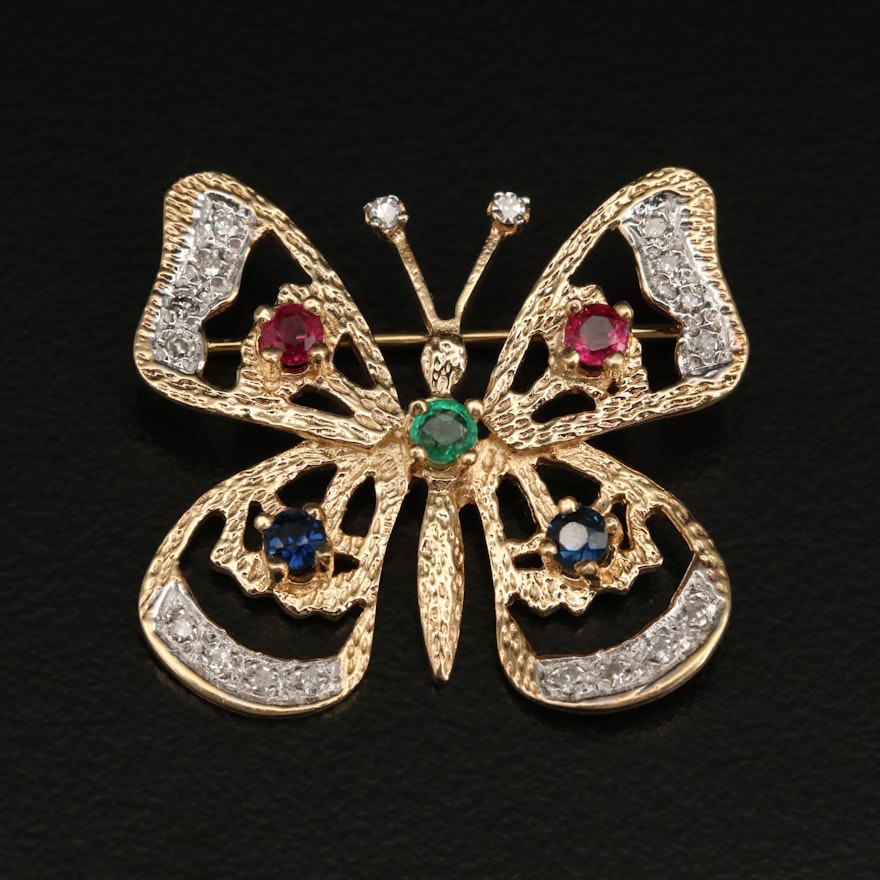 14K Ruby, Sapphire, Emerald and Diamond Butterfly Brooch