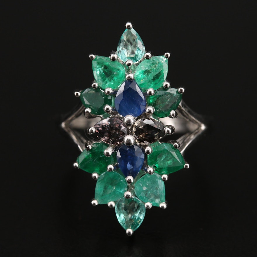 Sterling Emerald, Sapphire and Gemstone Pointer Ring