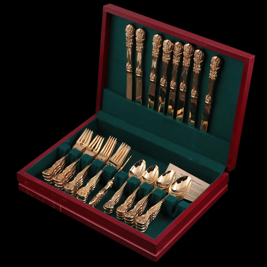 F.B. Rogers "French Rose" Gold Plate Flatware with Chest, Late 20th Century