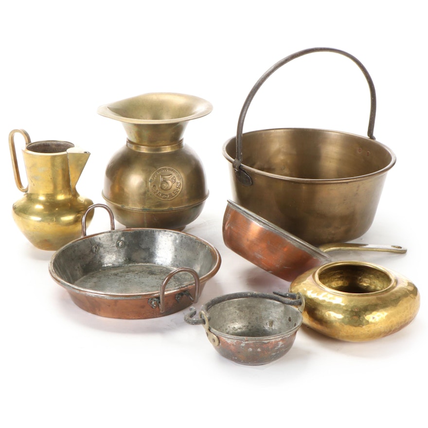 Brass Hearth Bucket with Spittoon and Other Brass Decor