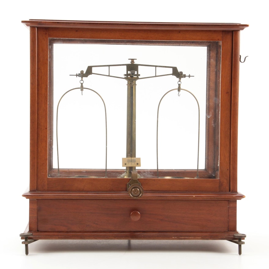 Apothecary Scale in Oak and Walnut Cabinet with Weights, Late 19th/Early 20th C
