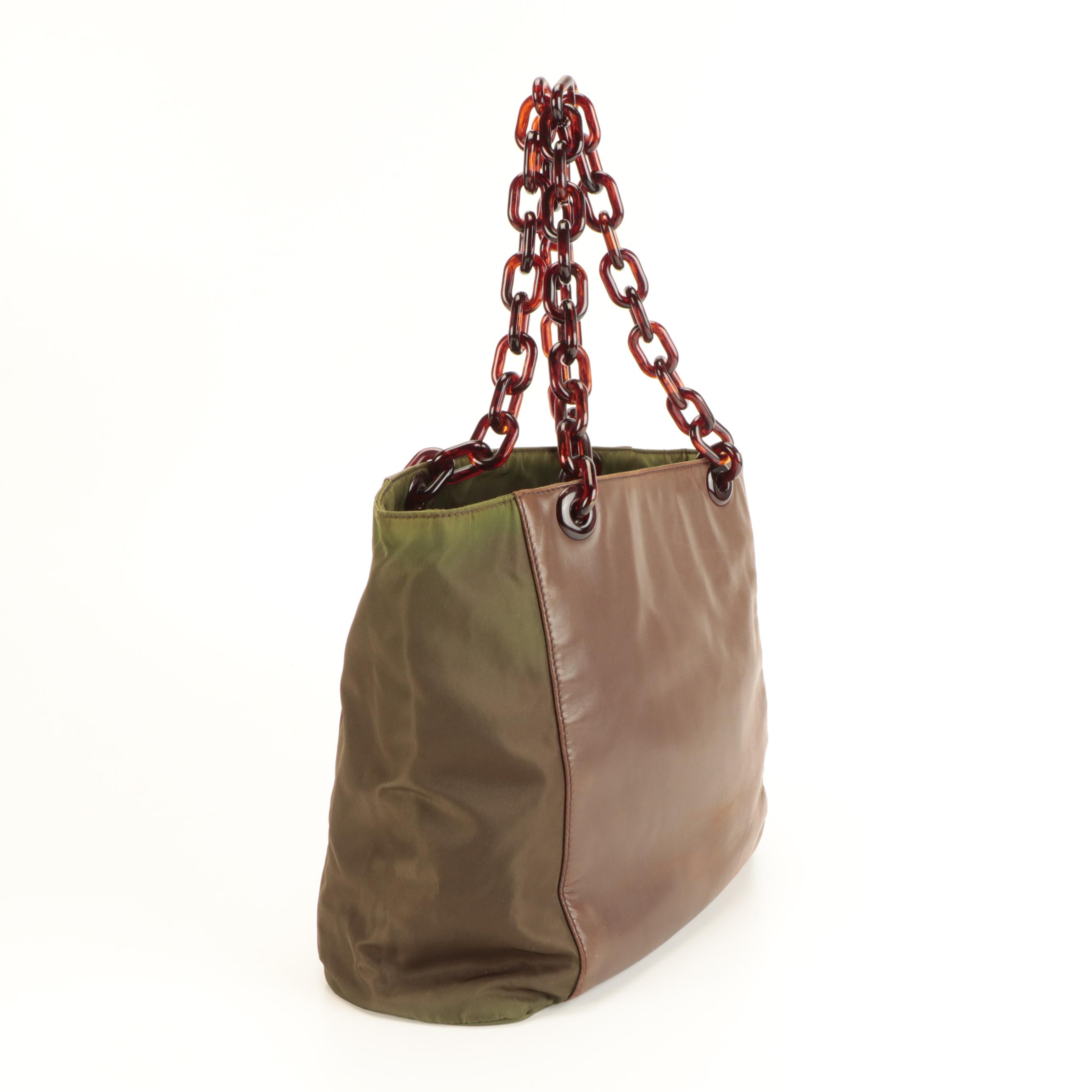 Prada Nylon and Leather Shoulder Bag with Plastic Chain Link Strap