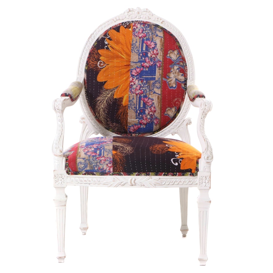Louis XVI Style White-Painted and Custom-Upholstered Fauteuil