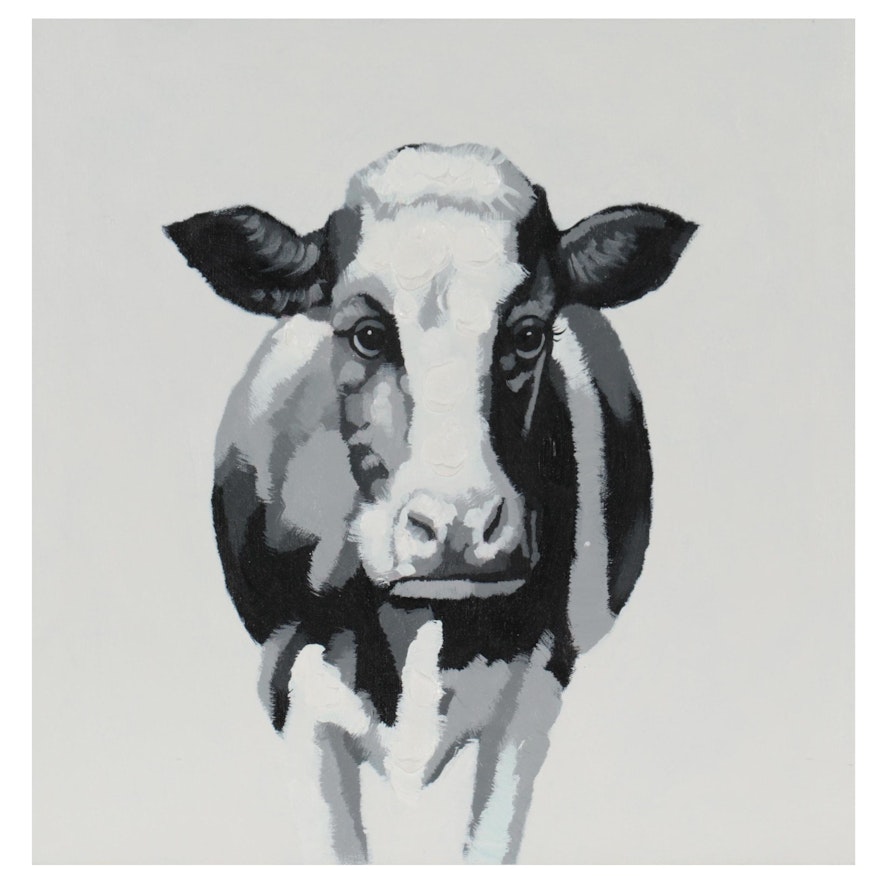 Acrylic Painting Over Giclée of Cow, 21st Century