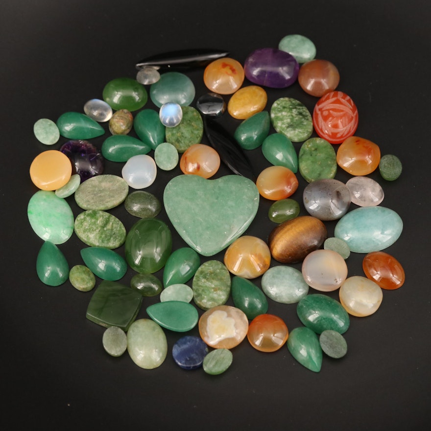 Loose Gemstones Including Jadeite, Amethyst and Black Onyx
