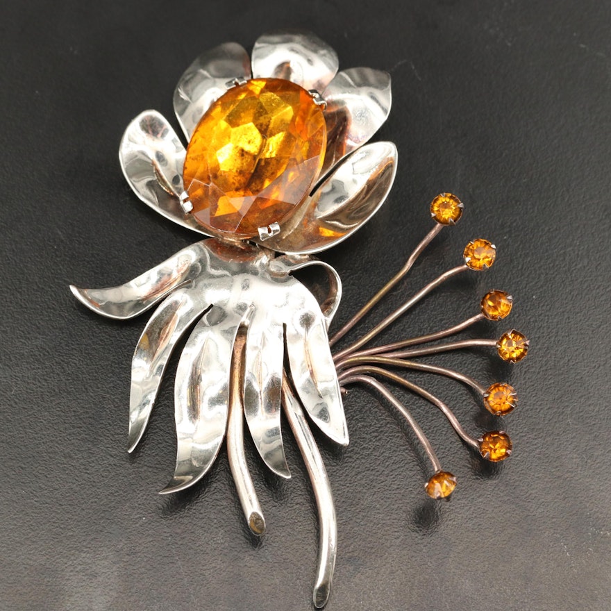 Vintage Sterling Silver Glass Flower Brooch