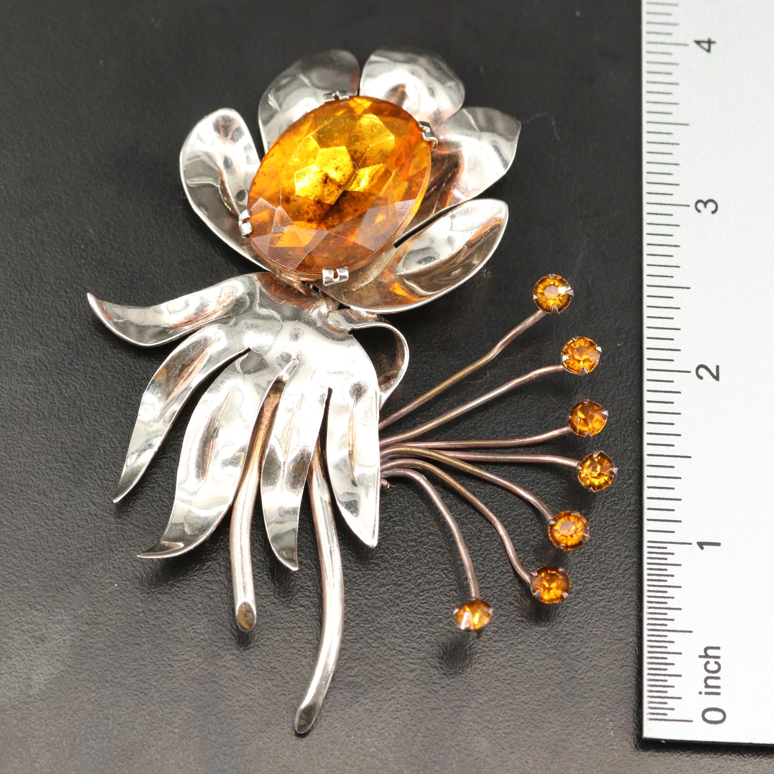Vintage Sterling Silver Glass Flower Brooch