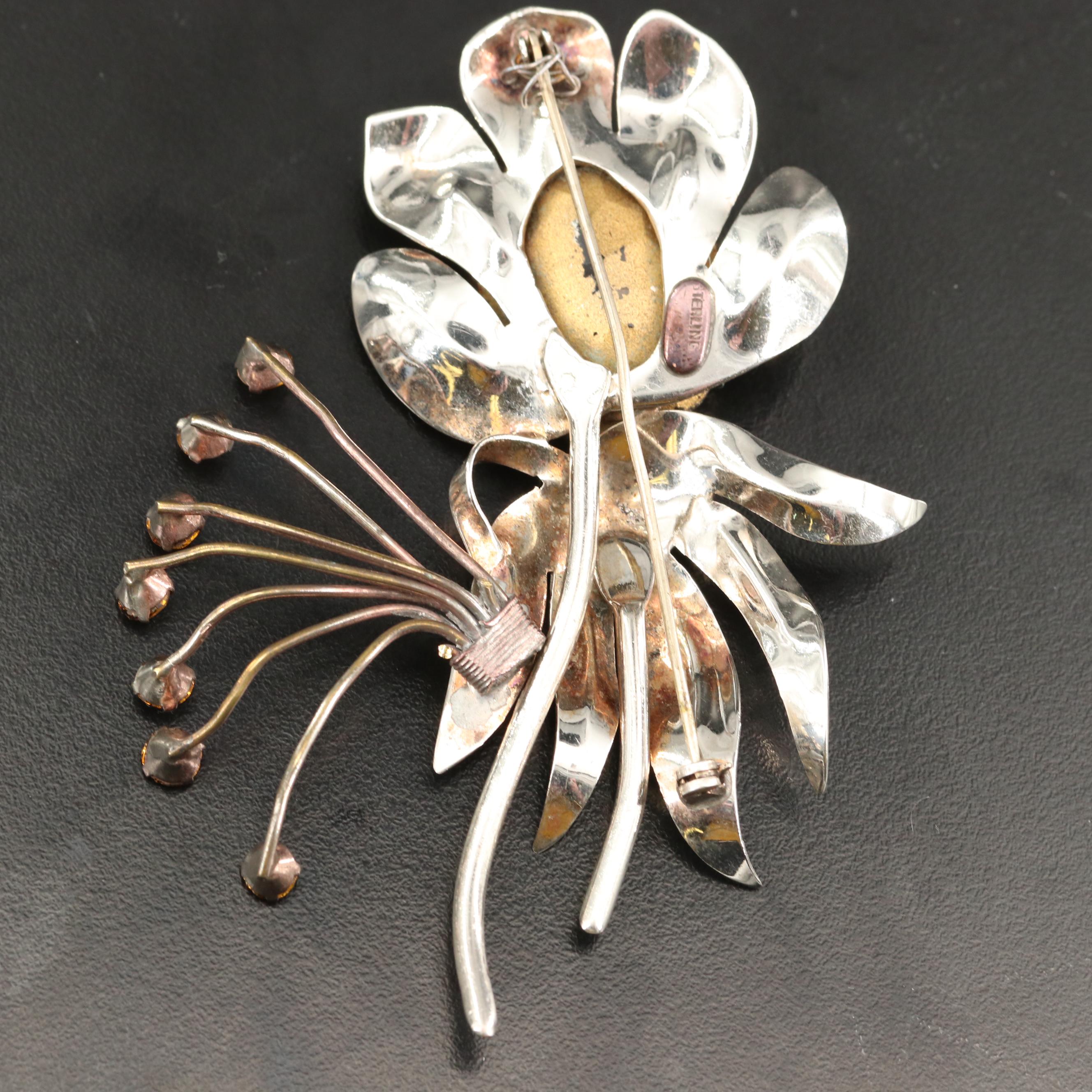 Vintage Sterling Silver Glass Flower Brooch