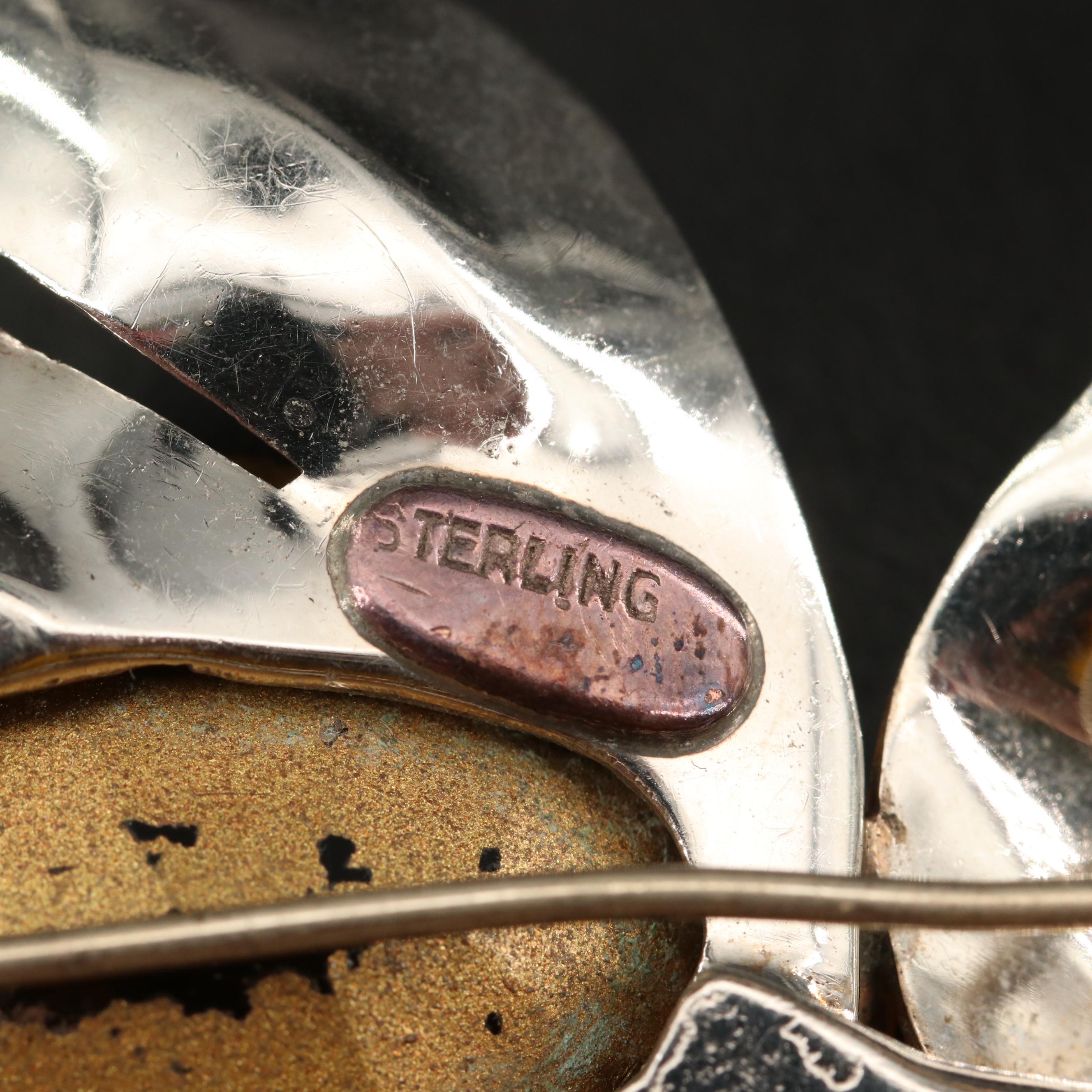 Vintage Sterling Silver Glass Flower Brooch