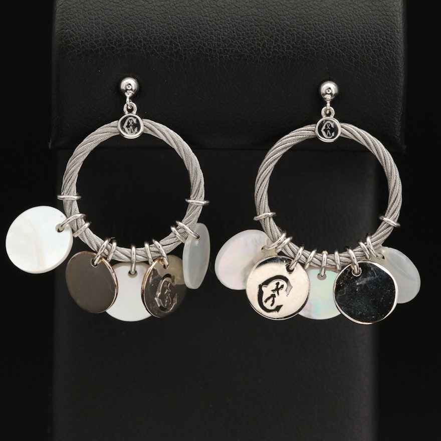 Charriol "Havana" Sterling Silver Mother of Pearl Hoop Drop Earrings