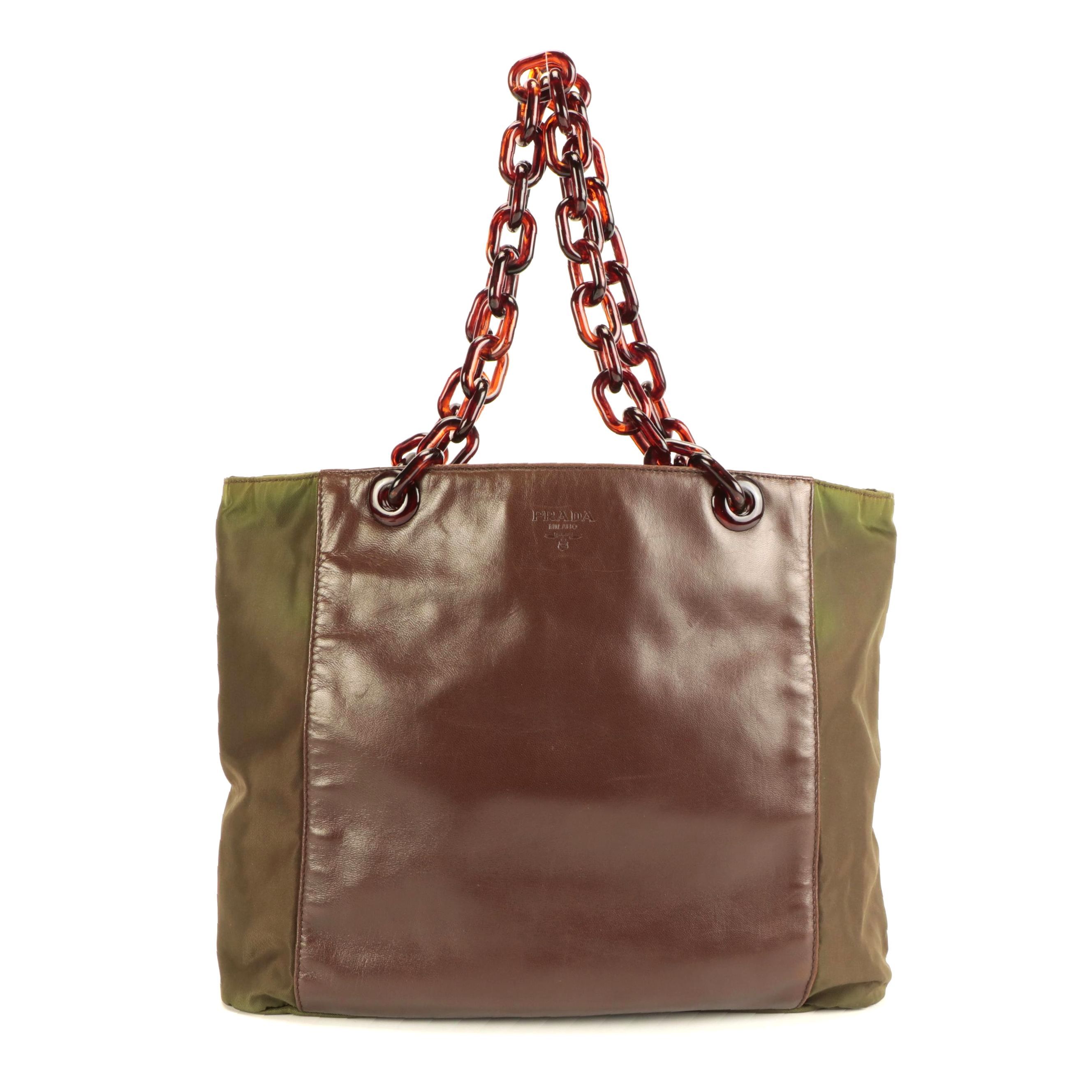 Prada Nylon and Leather Shoulder Bag with Plastic Chain Link Strap