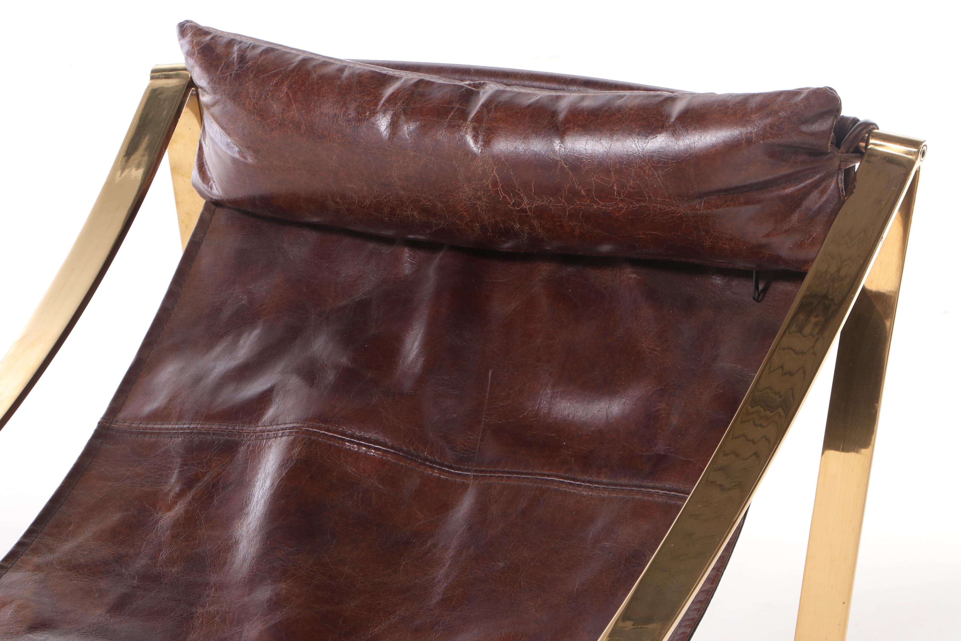 Blue Ocean Traders "Allure" Modernist Style Brass Tone and Leather Sling Chair