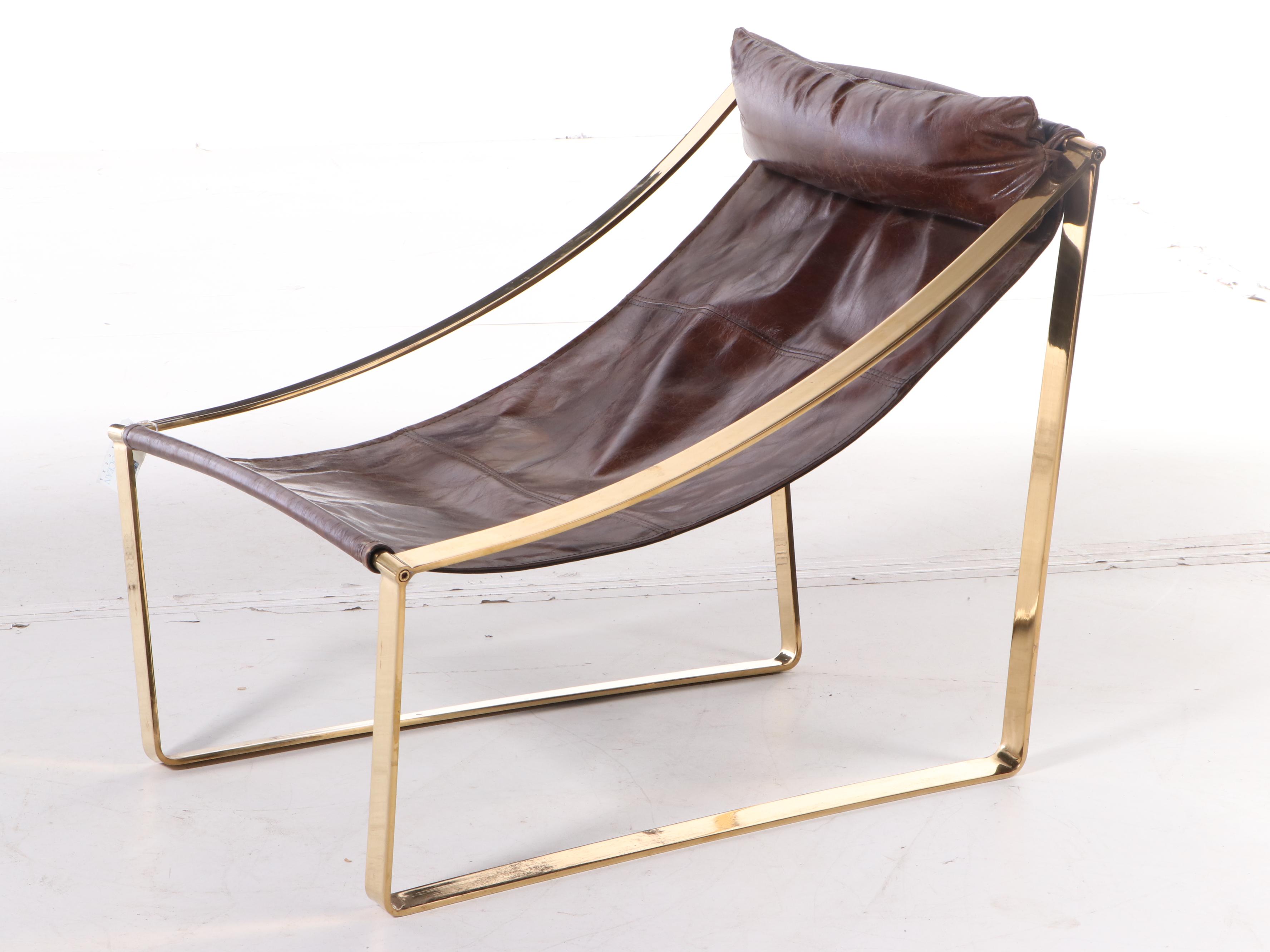 Blue Ocean Traders "Allure" Modernist Style Brass Tone and Leather Sling Chair