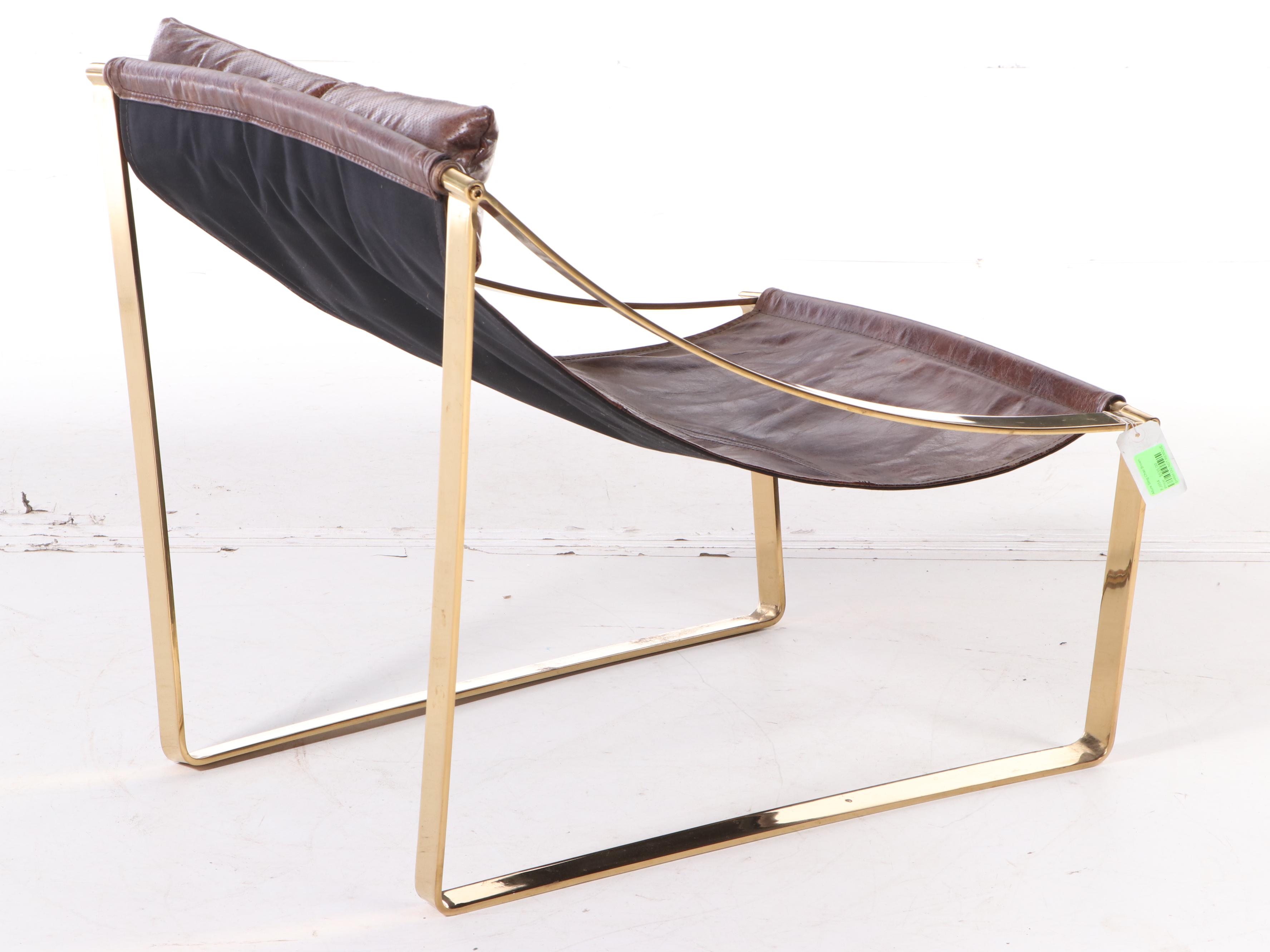 Blue Ocean Traders "Allure" Modernist Style Brass Tone and Leather Sling Chair