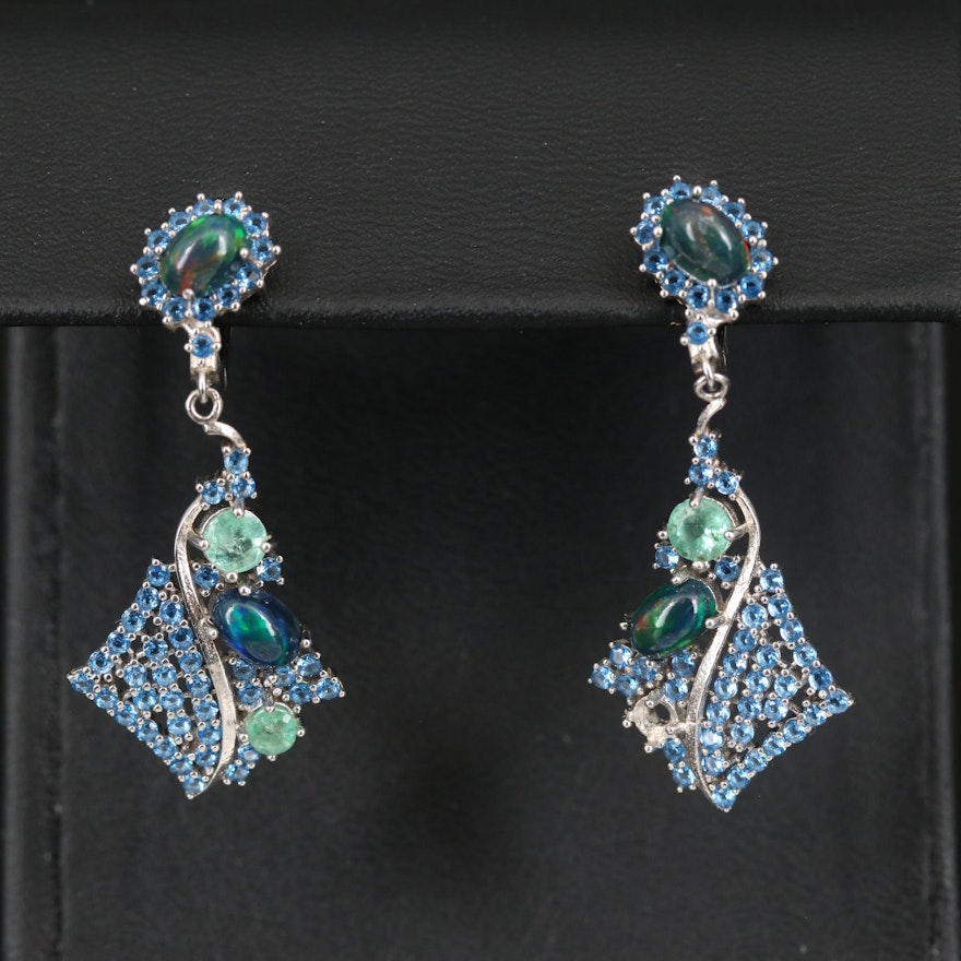 Sterling Opal, Emerald and Cubic Zirconia Earrings