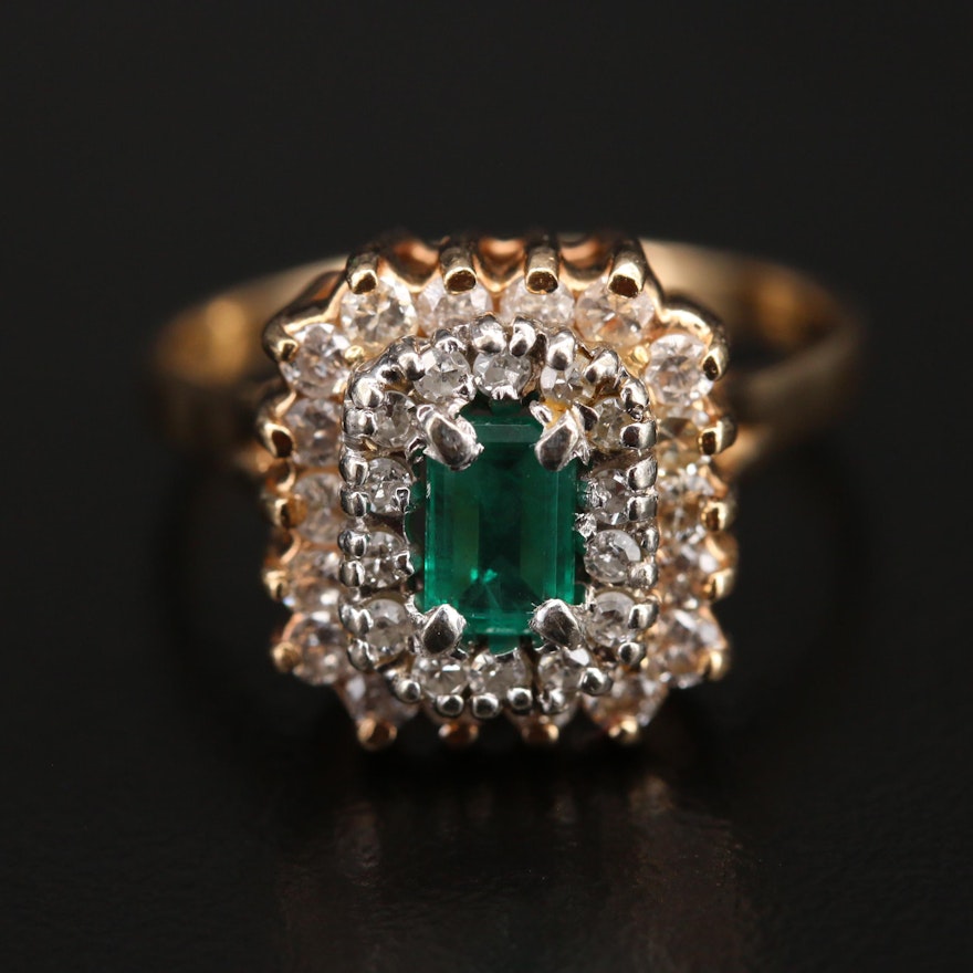 14K Emerald and Diamond Double Halo Ring