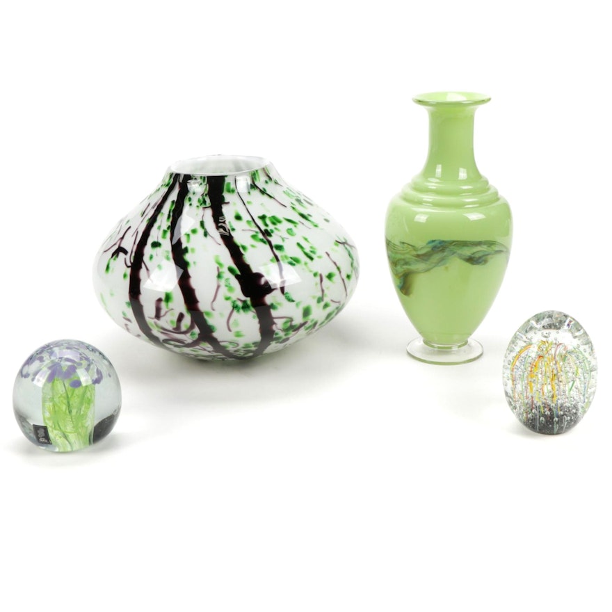 Kerry Art Glass Paperweight with Other Art Glass Vases and Paperweight