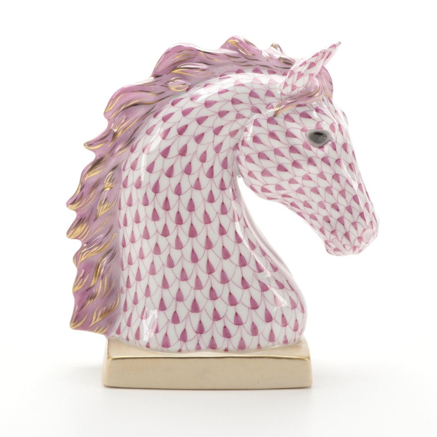 Herend Raspberry Fishnet with Gold "Horse Bust" Porcelain Figurine