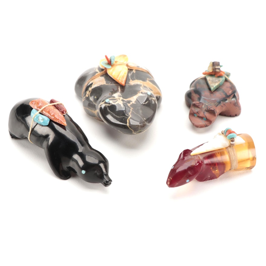 Zuni Hand-Carved Stone Fetishes with Prayer Bundles, American Southwest