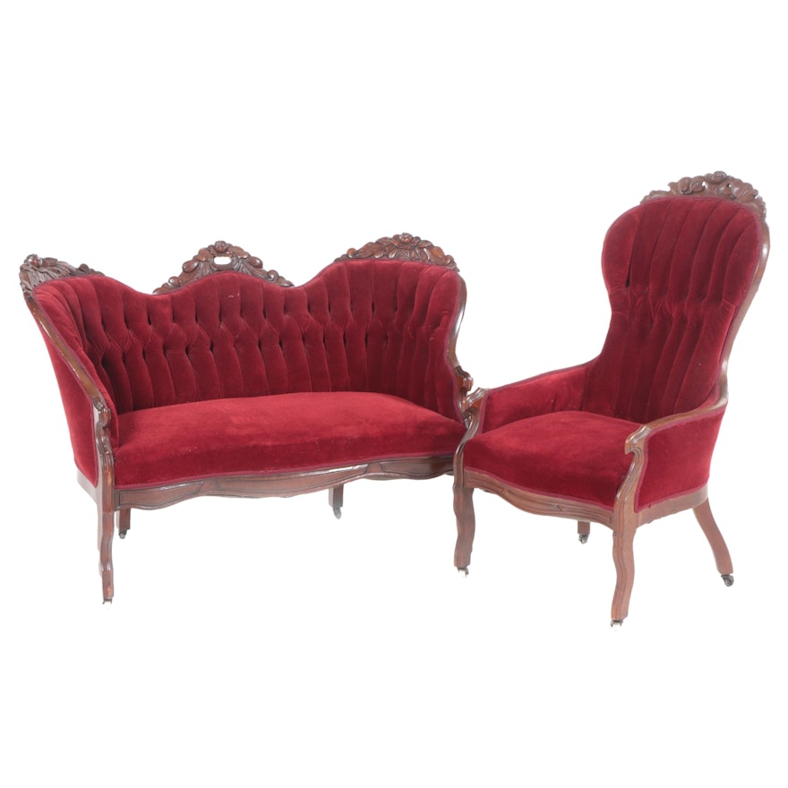 Victorian Carved Velvet Upholstered Walnut Easy Armchair and Matching Sofa