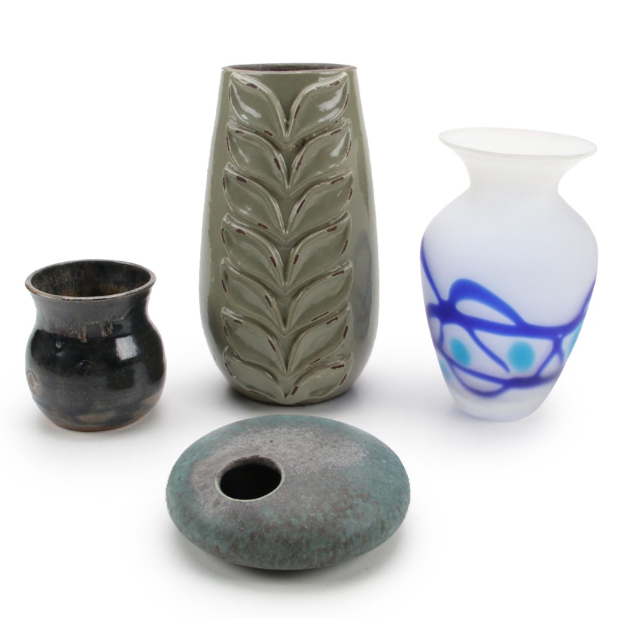 Studio Pottery Vessels with Art Glass Vase and Other Pottery Vase