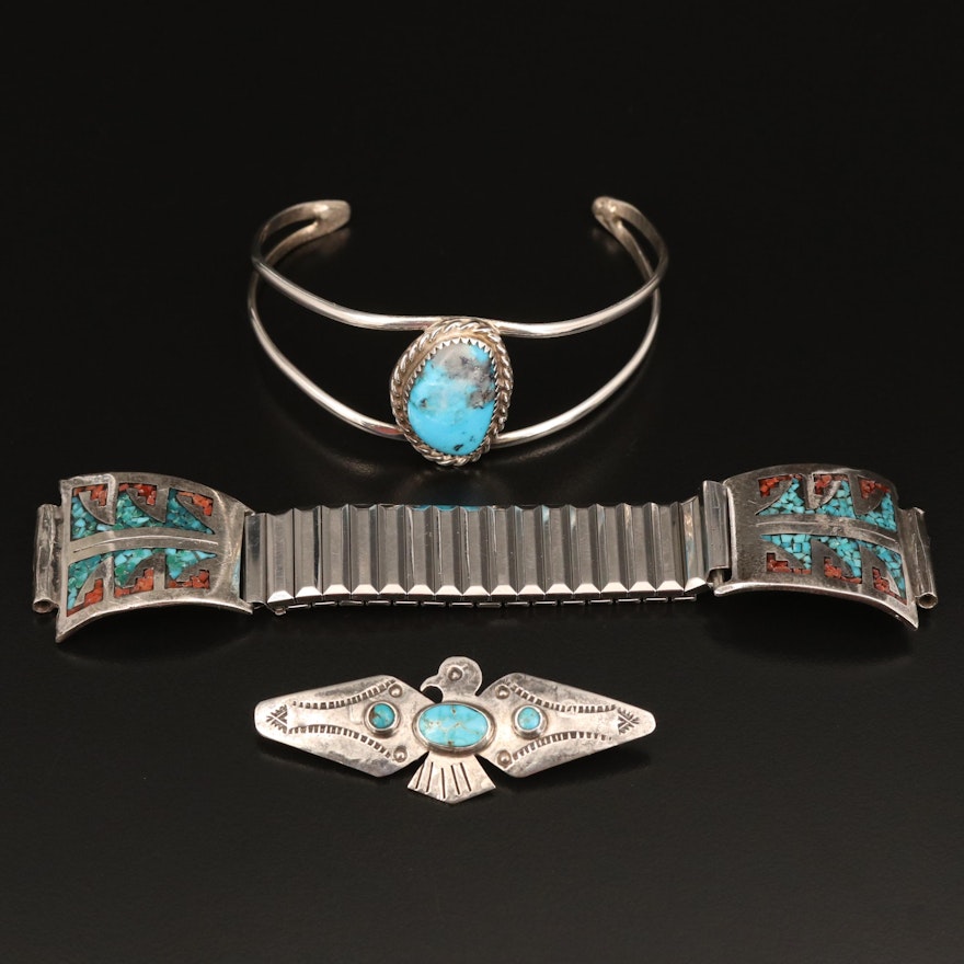 Southwestern Turquoise and Coral Cuff, Pin and Watch Band