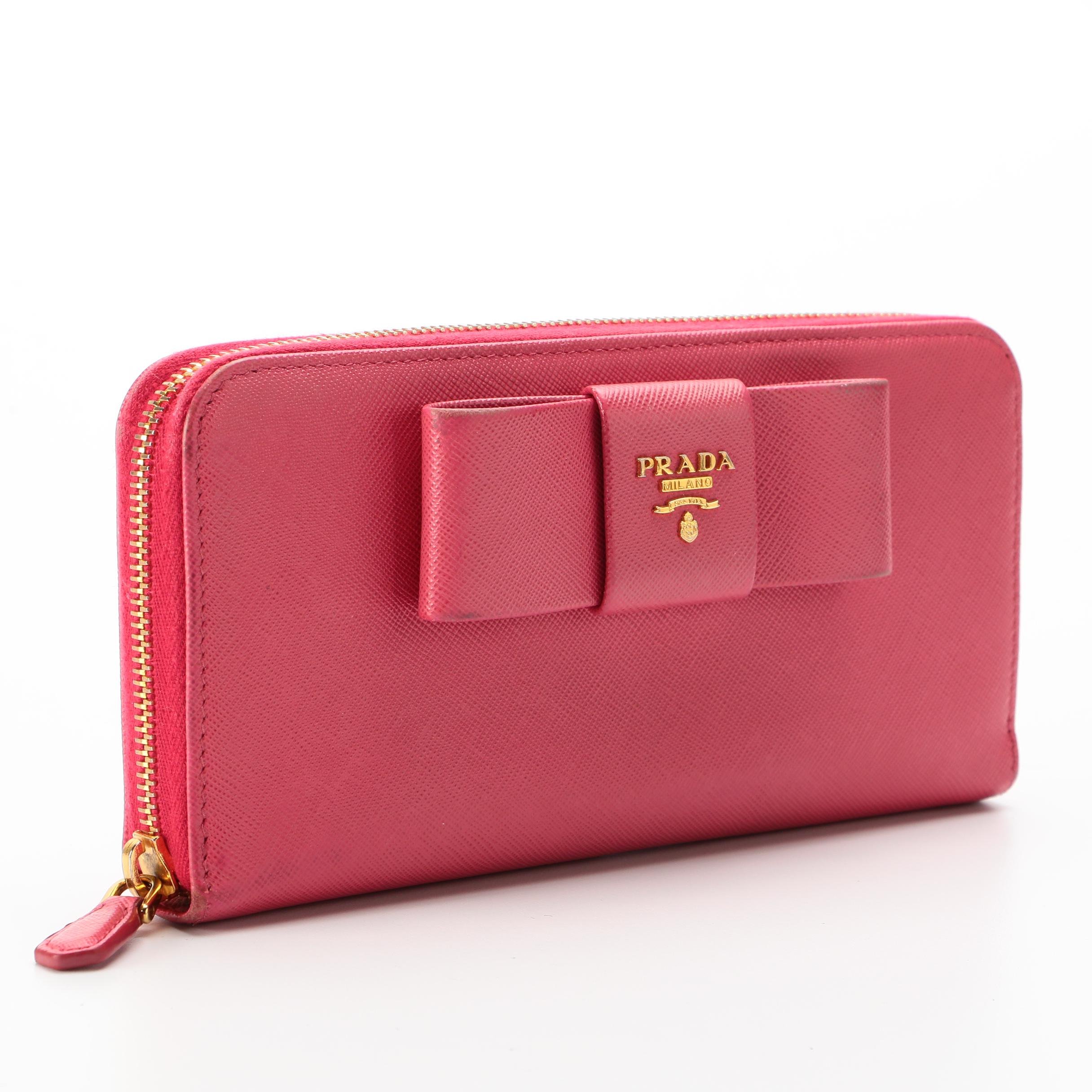 Prada Continental Bow Wallet in Peonia Saffiano Leather with Box
