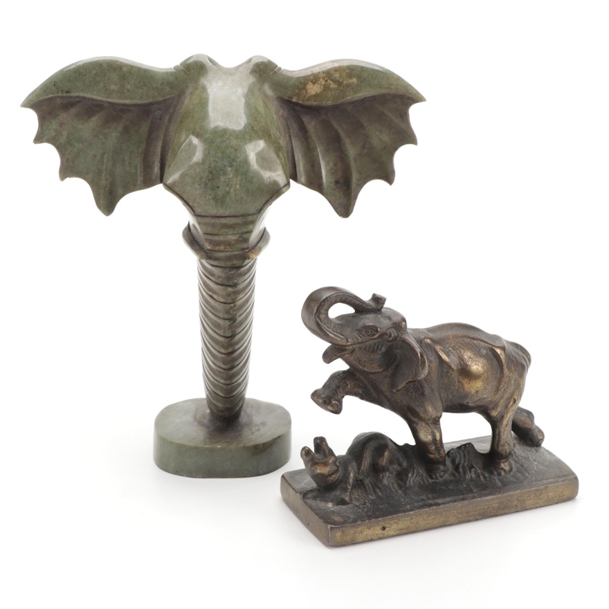 Carved Stone Elephant Head and Cast Brass Elephant Figurines