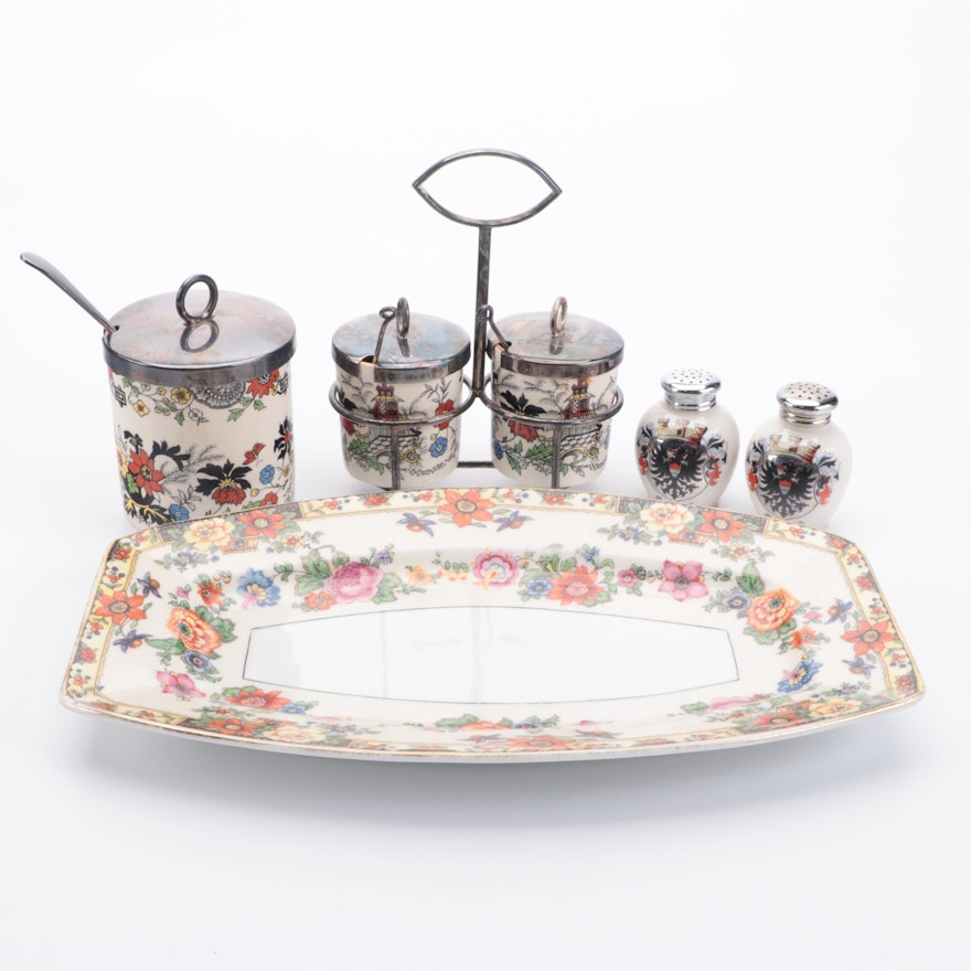 Ceramic and Silver Plate Condiment Containers and Other Tableware