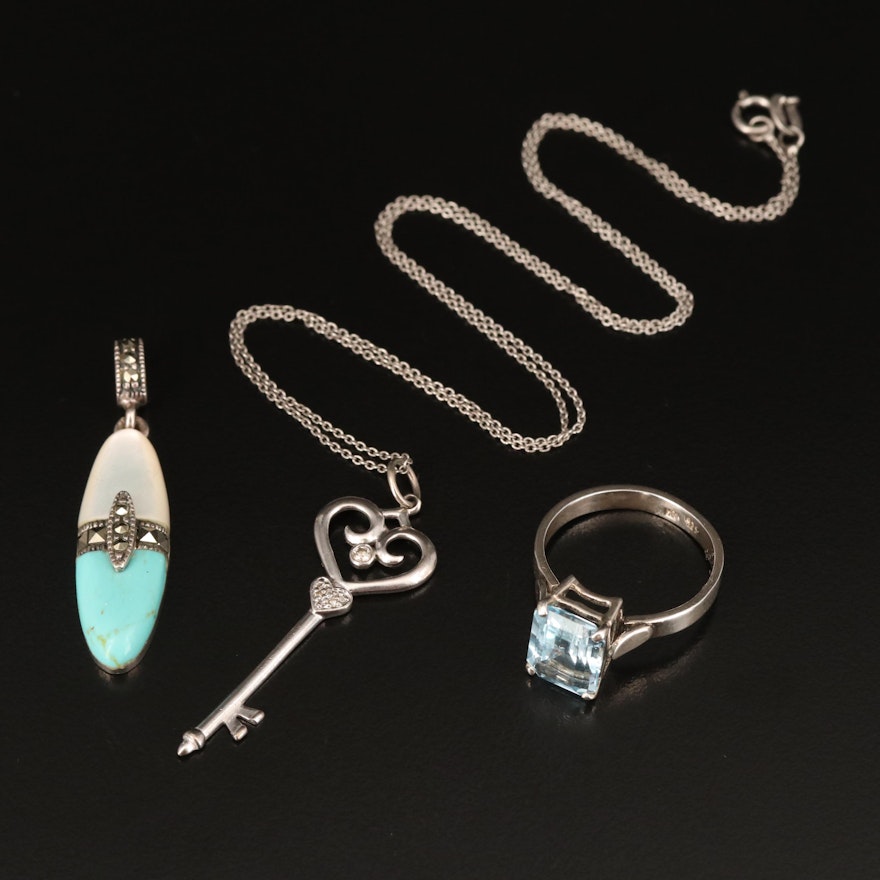 Sterling Jewelry  Including Key Pendant, Topaz, Diamond and Faux Turquoise