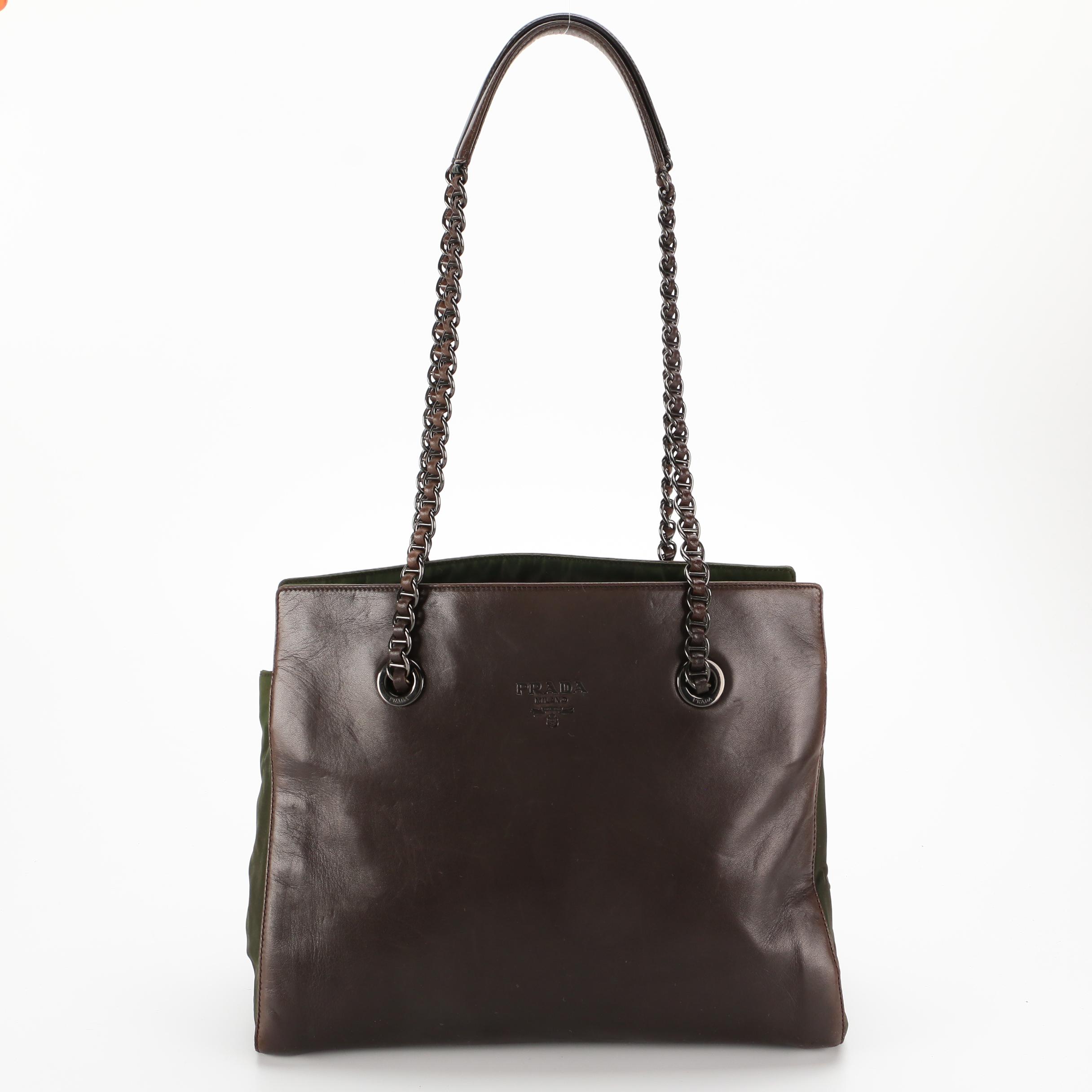 Prada Shoulder Bag in Green Tessuto Nylon and Brown Leather