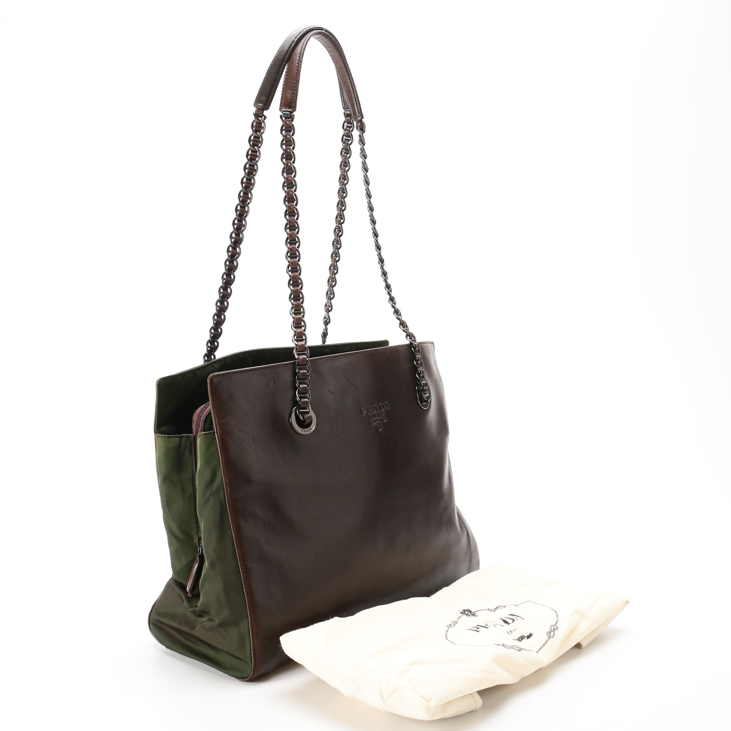 Prada Shoulder Bag in Green Tessuto Nylon and Brown Leather