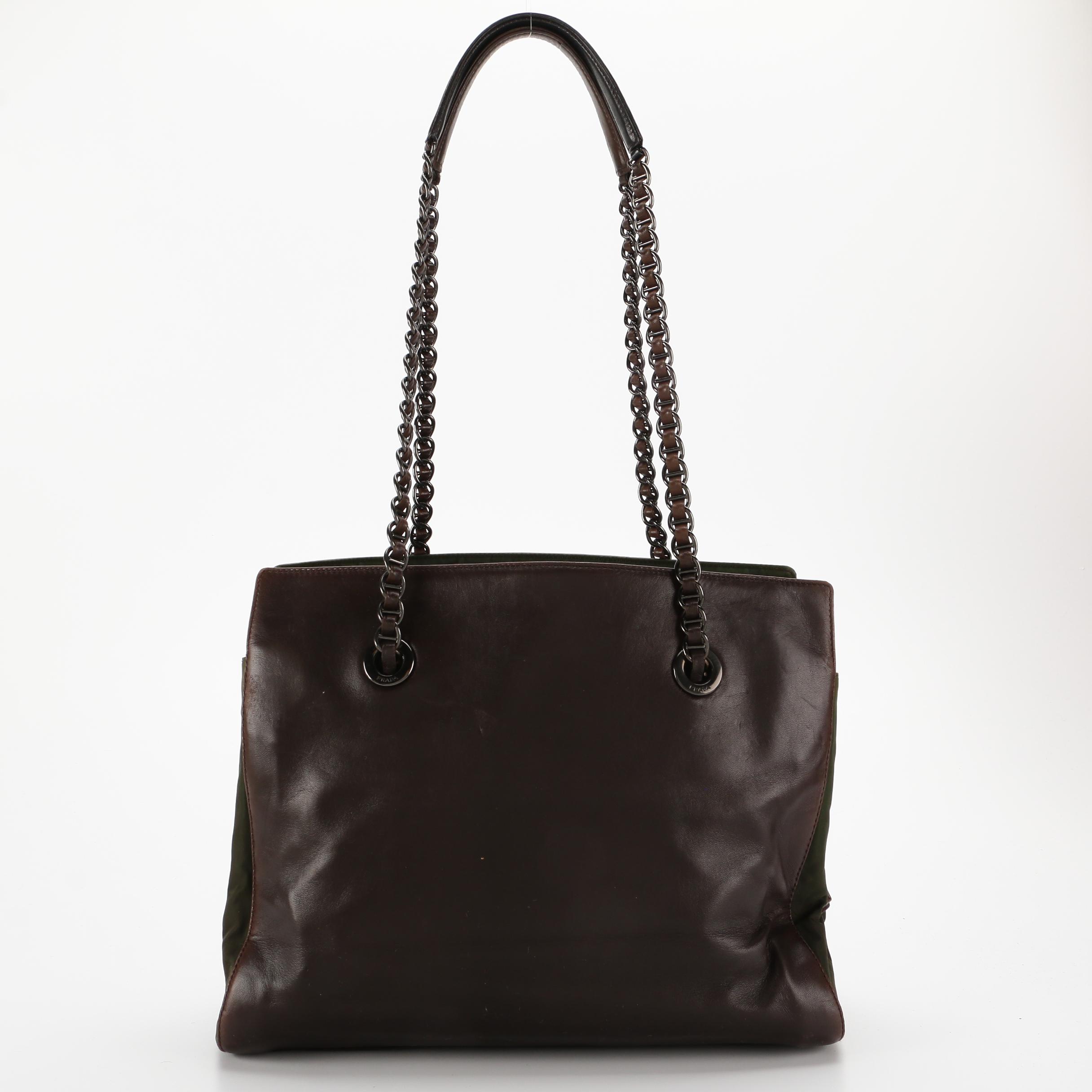 Prada Shoulder Bag in Green Tessuto Nylon and Brown Leather