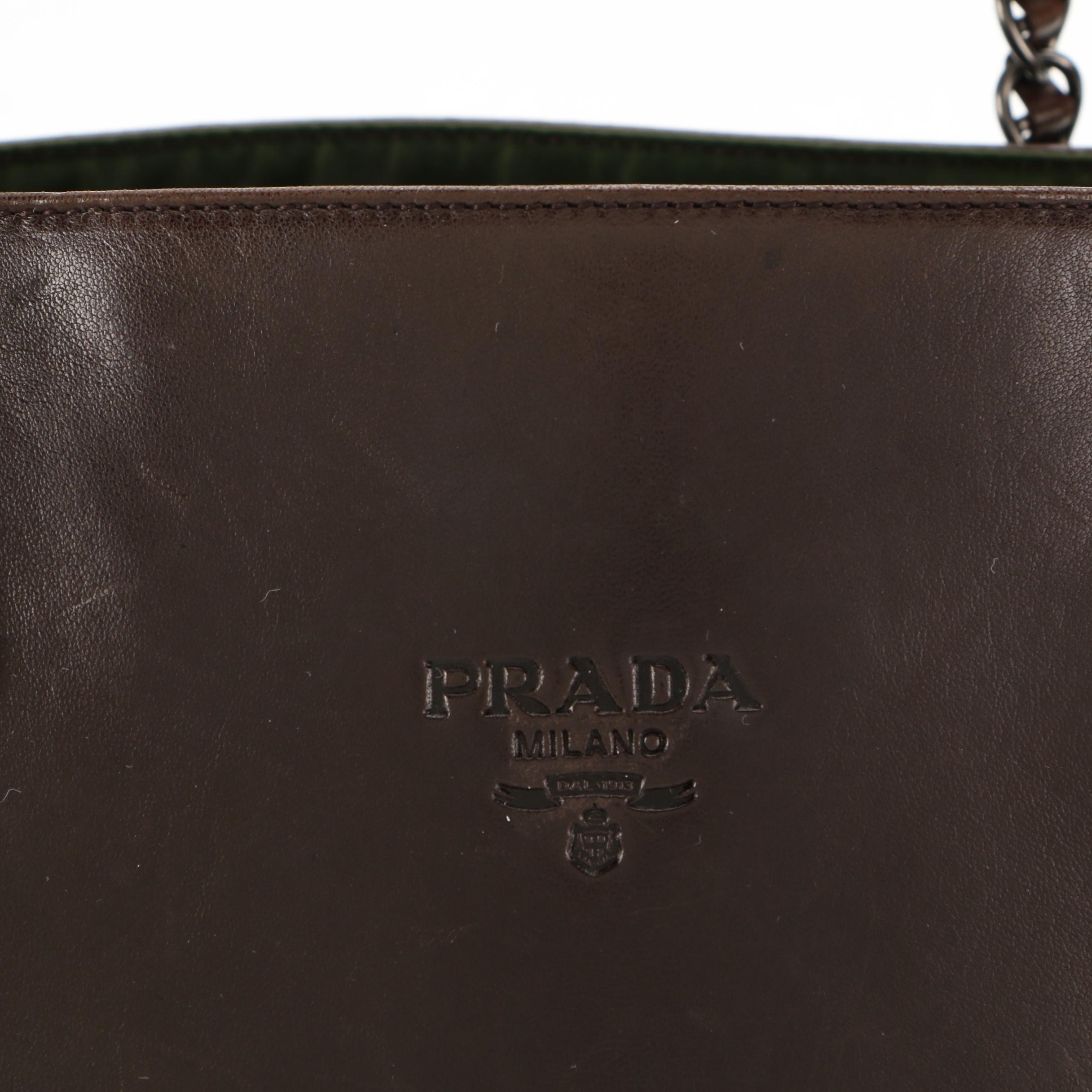 Prada Shoulder Bag in Green Tessuto Nylon and Brown Leather