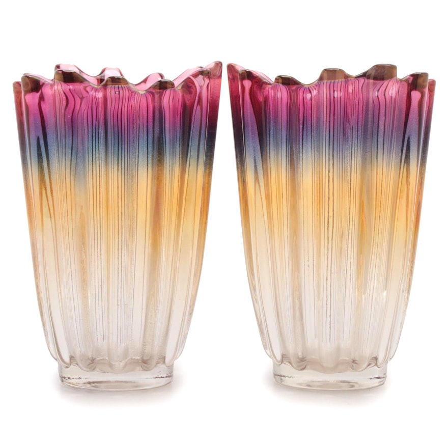 Pair of Metallic Iridescent Art Glass Vases