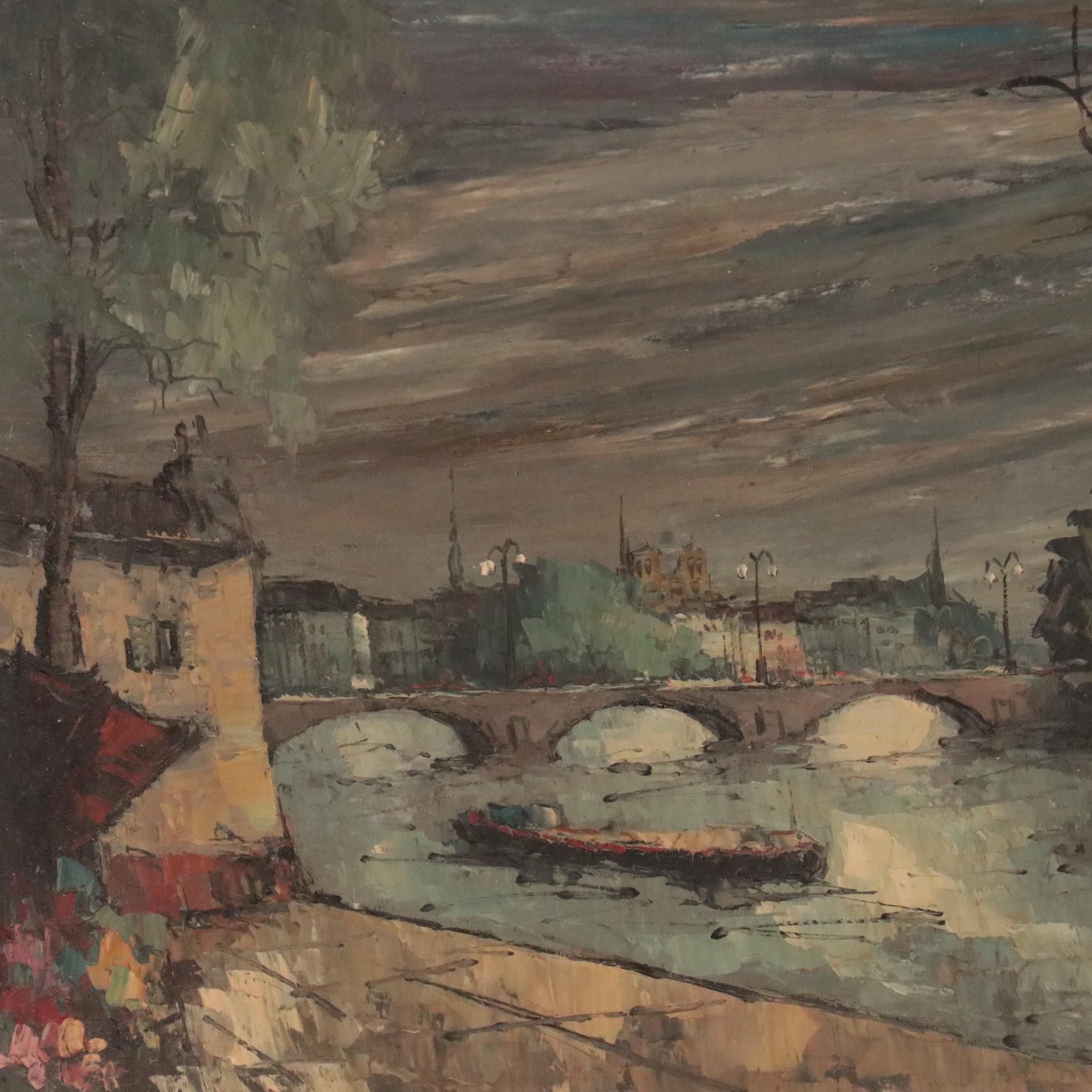 Landscape Oil Painting of Village Scene With Storm Clouds, Late 20th Century