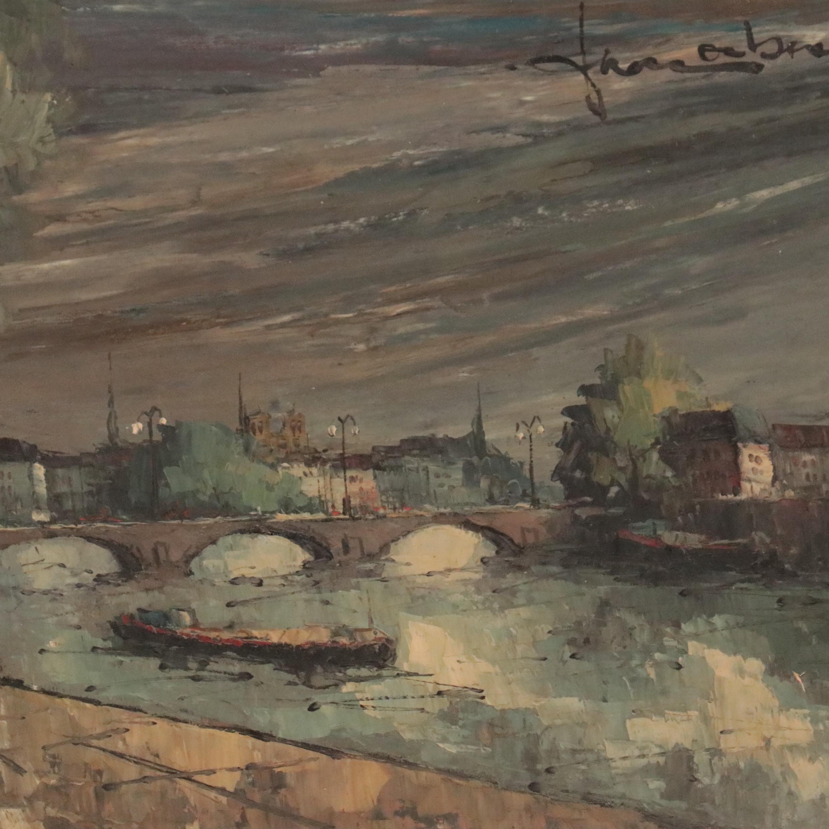 Landscape Oil Painting of Village Scene With Storm Clouds, Late 20th Century