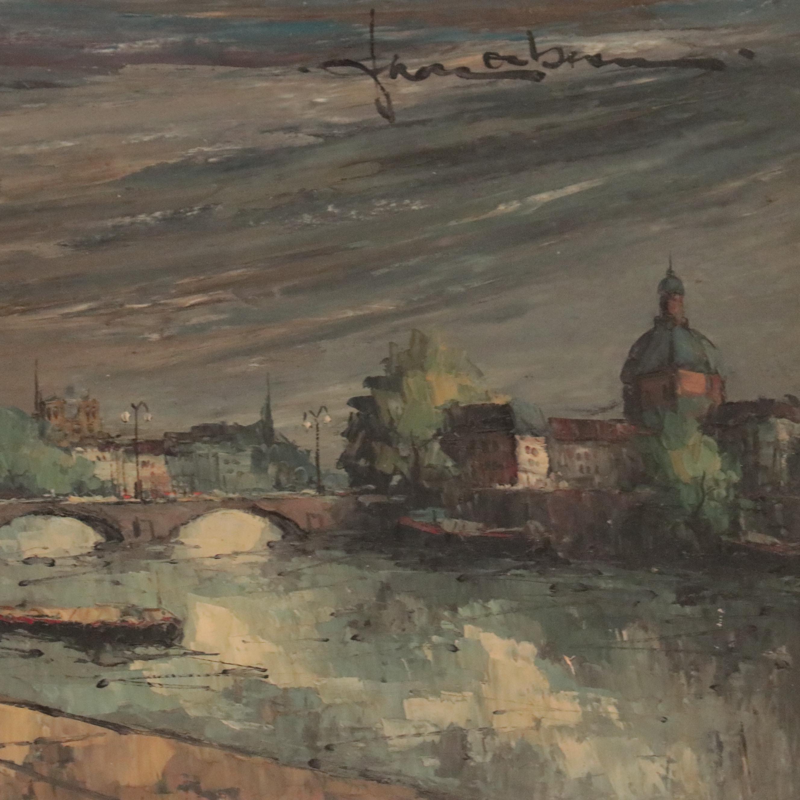 Landscape Oil Painting of Village Scene With Storm Clouds, Late 20th Century