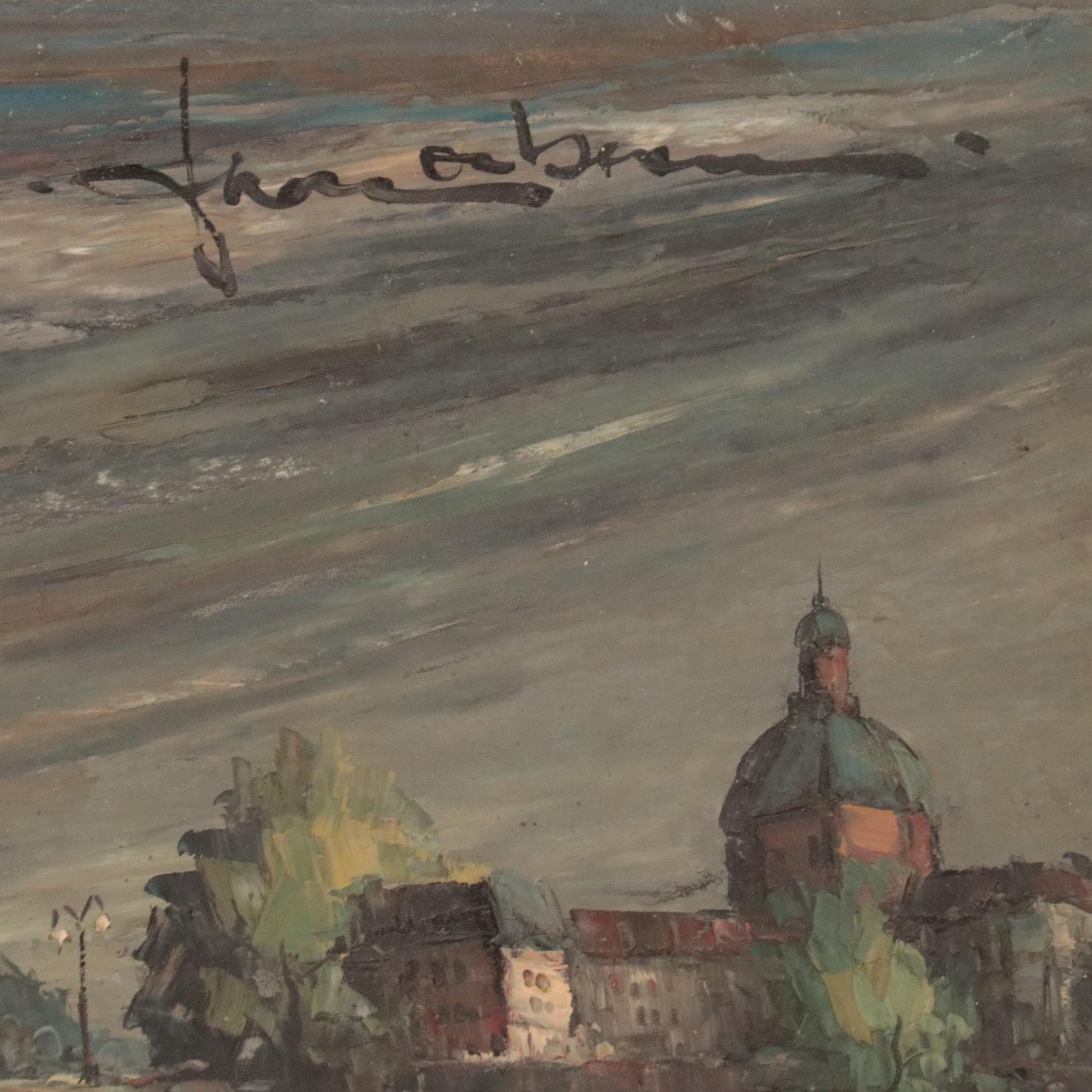 Landscape Oil Painting of Village Scene With Storm Clouds, Late 20th Century