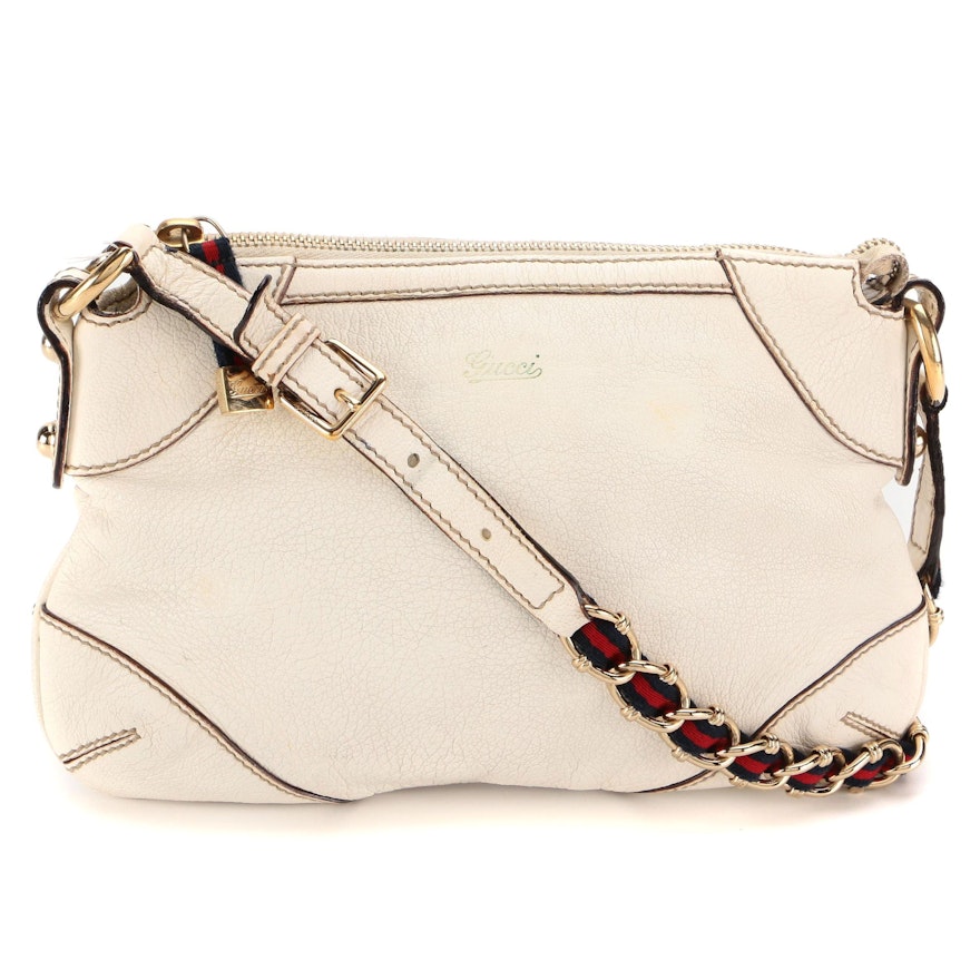 Gucci White Leather Web and Chain Strap Shoulder Bag