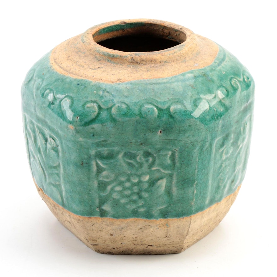 Chinese Shiwan Style Green Glazed Earthenware Vase
