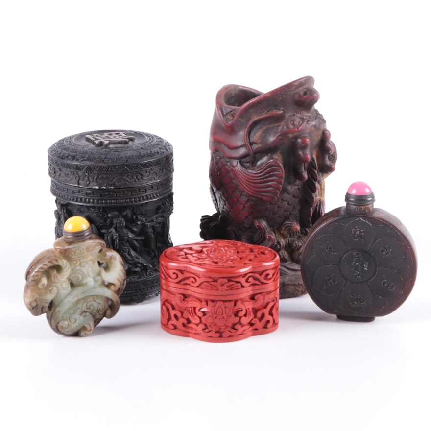 Chinese Carved Serpentine, Cinnabar and Resin Snuff Bottles