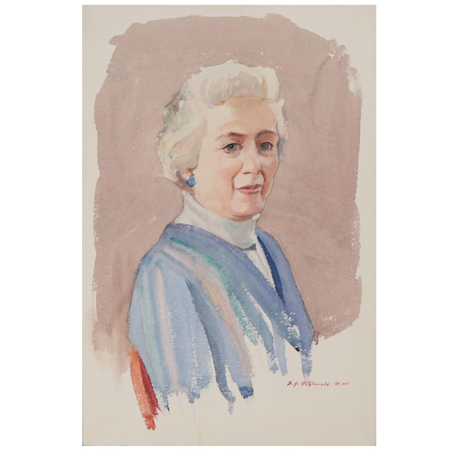 Edmond J. Fitzgerald Watercolor Portrait of Elderly Woman