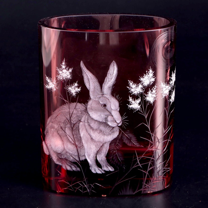 Moser Rabbit Motif Cranberry Cut to Clear Glass Vase