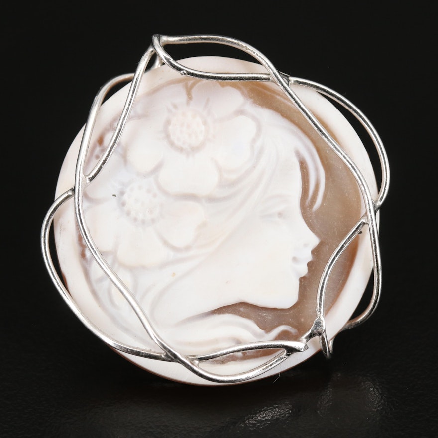 Sterling Shell Cameo Converter Brooch